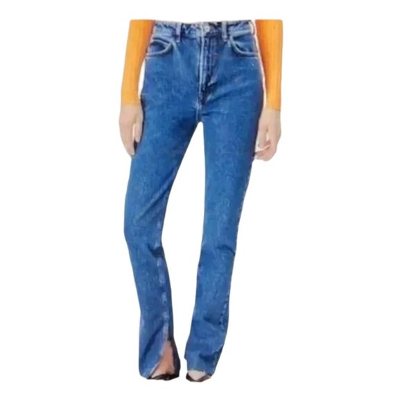 Zara Split Hem High Waist Straight Leg Jeans Dark Wash Raw Edge Size 26 - Picture 1 of 8